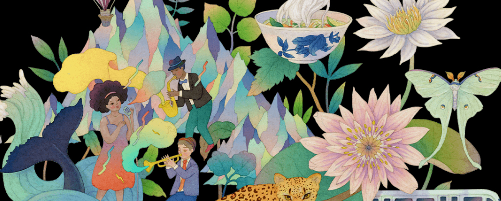 coloured illustration of mountains, flowers, animals and musicians