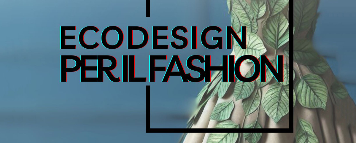 testo: eco design fashion in mero su sfondo blu con vestito ricoperto di foglie verdi