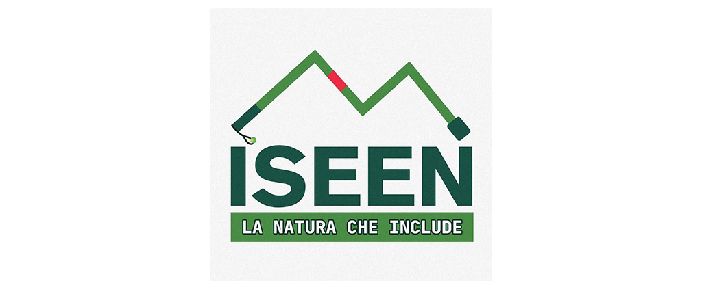 On a white background, the ISEEN logo consists of a white cane opened to form the profile of a mountain, symbolizing both nature and accessibility.