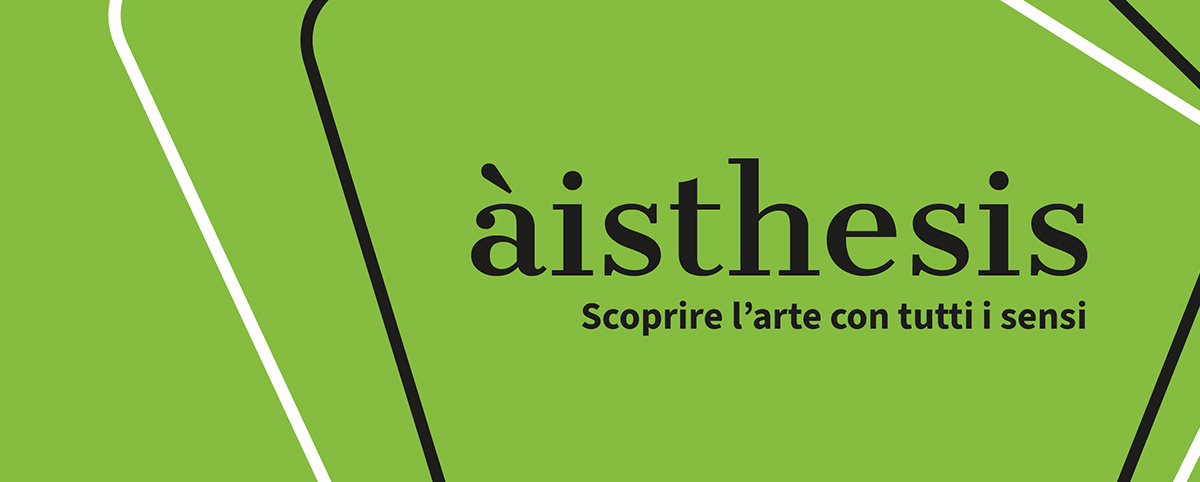 Grafica orizzontale su sfondo verde brillante. Al centro compare in nero la scritta «àisthesis» e, sotto, «Scoprire l’arte con tutti i sensi». Linee curve bianche e nere attraversano i bordi della composizione.