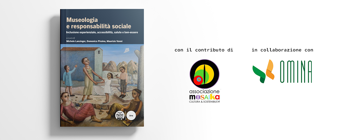 Grafica su sfondo bianco. A sinistra, la copertina del libro “Museologia e responsabilità sociale. Inclusione esperienziale, accessibilità, salute e ben-essere”, a cura di Michele Lanzinger, Domenico Piraina e Maurizio Vanni. La copertina presenta un dipinto con figure umane in un paesaggio. A destra, il logo dell’associazione Mosaika, sotto la scritta “con il contributo di”, e il logo di OMINA, sotto la scritta “in collaborazione con”